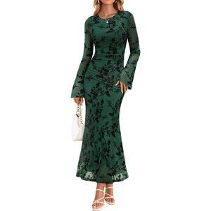 Zesica Women's Green Ruched Mesh Long Sleeve Floral Bodycon Dress